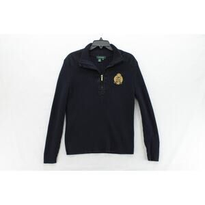 Lauren Ralph Lauren Sweater Navy Ribbed Quarter Zip Crest Logo Womens 1X Y2K